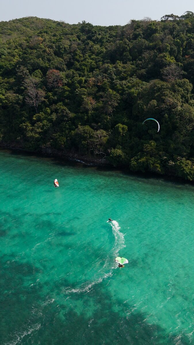 A group of people parasailing in a body of water